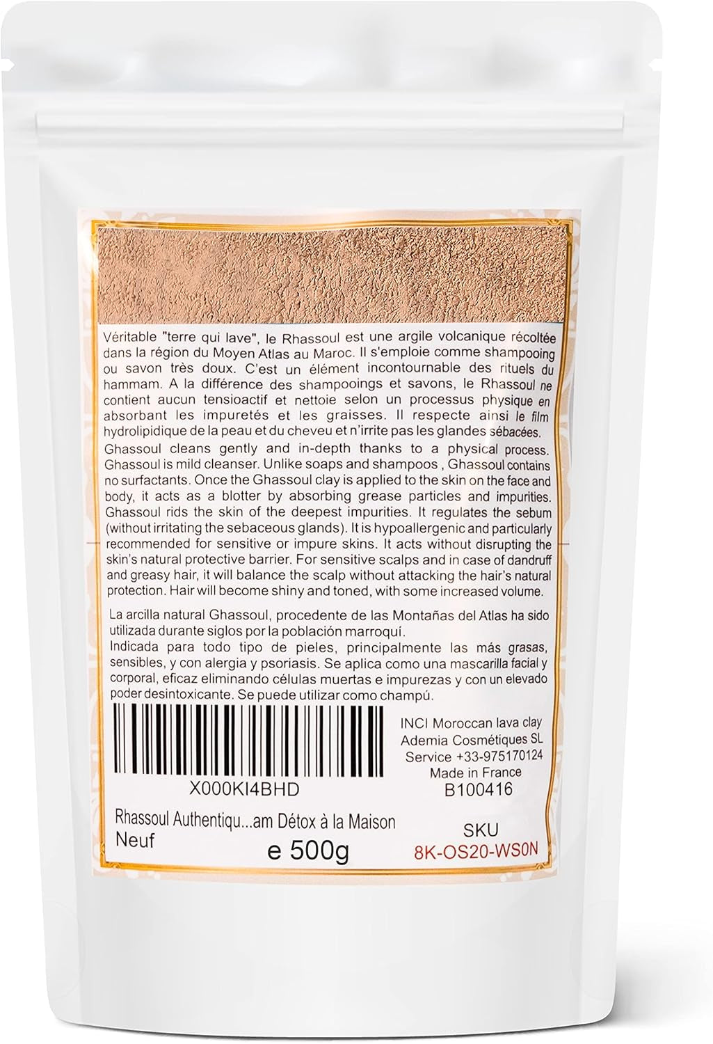 Ghassoul BIO Les Secrets Du Maroc Poudre Nettoyante Surfine Shampooing Rhassoul Soin Visage Masque D'Argile 100% Naturelle Peau Grasse Cheveux Hammam Gommage Cataplasme 500G