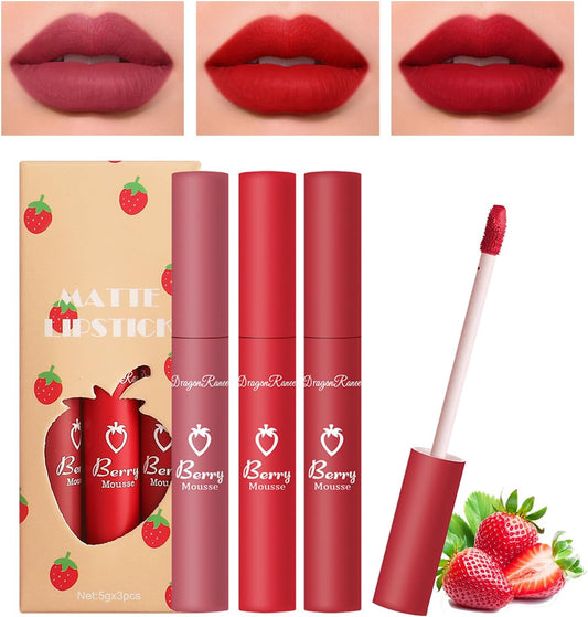 3 Couleurs Set Rouge À Lèvres Liquide Mat, Nude Ensemble Velouté Longue Durée Antiadhésif Tasse,Longue Tenue Waterproof Lipstick Matte Rouge À Lèvres Cadeau Pour Femme