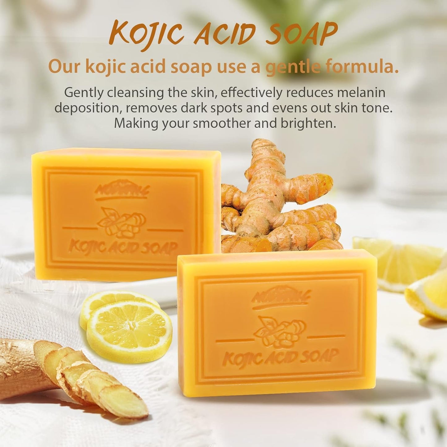 Savon À L'Acide Kojique Pour Le Visage Et Le Corps Savon Hydratant Au Curcuma Pour L'Acné Taches Noires Points Noirs 2 Savons De 100G, 1 Pochette À Savon En Maille Et 1 Porte-Savon En Bois