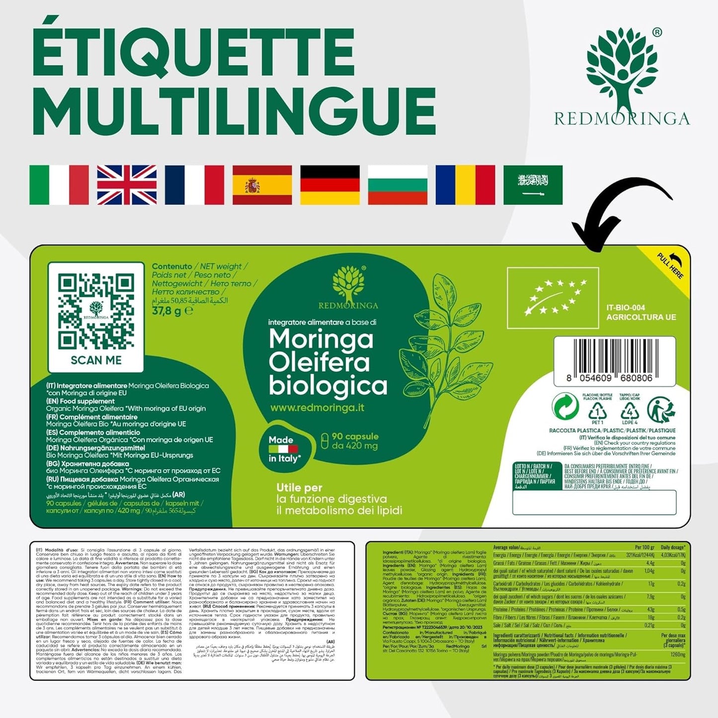 90 Gélules De Moringa Bio | La Seule Moringa Biologique Espagnole Produite En Italie | Véganes Sans Additifs | Super Antioxydant Riche En Vitamines Et Protéines Végétales | Haute Qualité