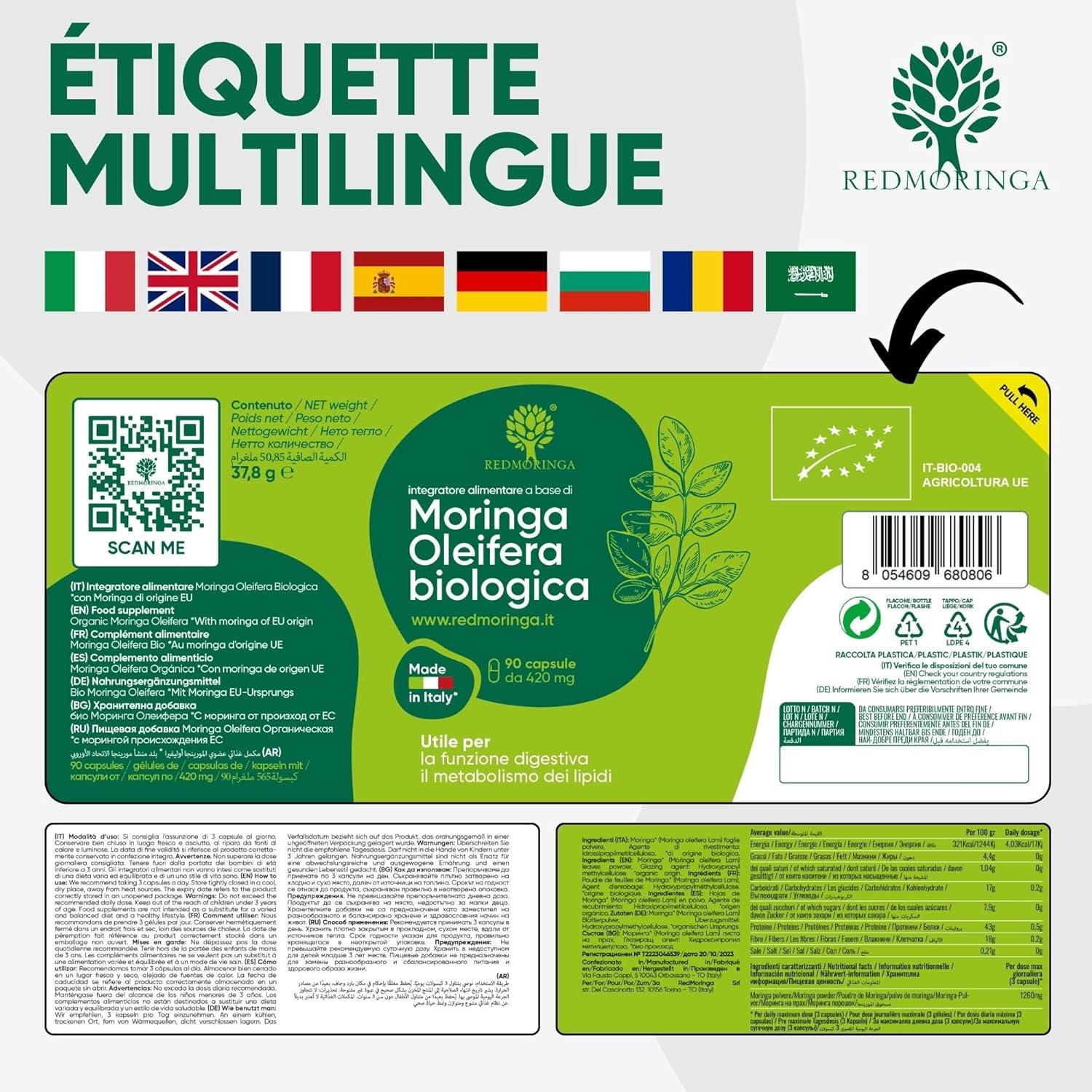 90 Gélules De Moringa Bio | La Seule Moringa Biologique Espagnole Produite En Italie | Véganes Sans Additifs | Super Antioxydant Riche En Vitamines Et Protéines Végétales | Haute Qualité