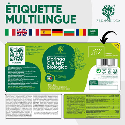 90 Gélules De Moringa Bio | La Seule Moringa Biologique Espagnole Produite En Italie | Véganes Sans Additifs | Super Antioxydant Riche En Vitamines Et Protéines Végétales | Haute Qualité