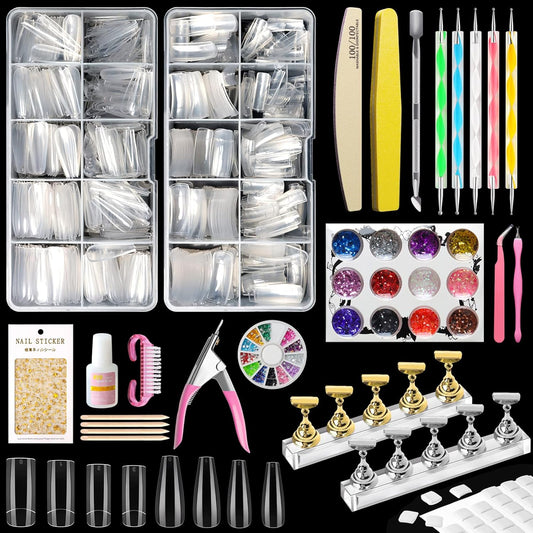 Kit Manucure Ongles Nail Art Tips, 1000 Pièces Clair Capsules Ongles Conseils Kit Poudre Acrylique Pour Allonger Les Ongles Naturels Kit De Nail Art Professionnel