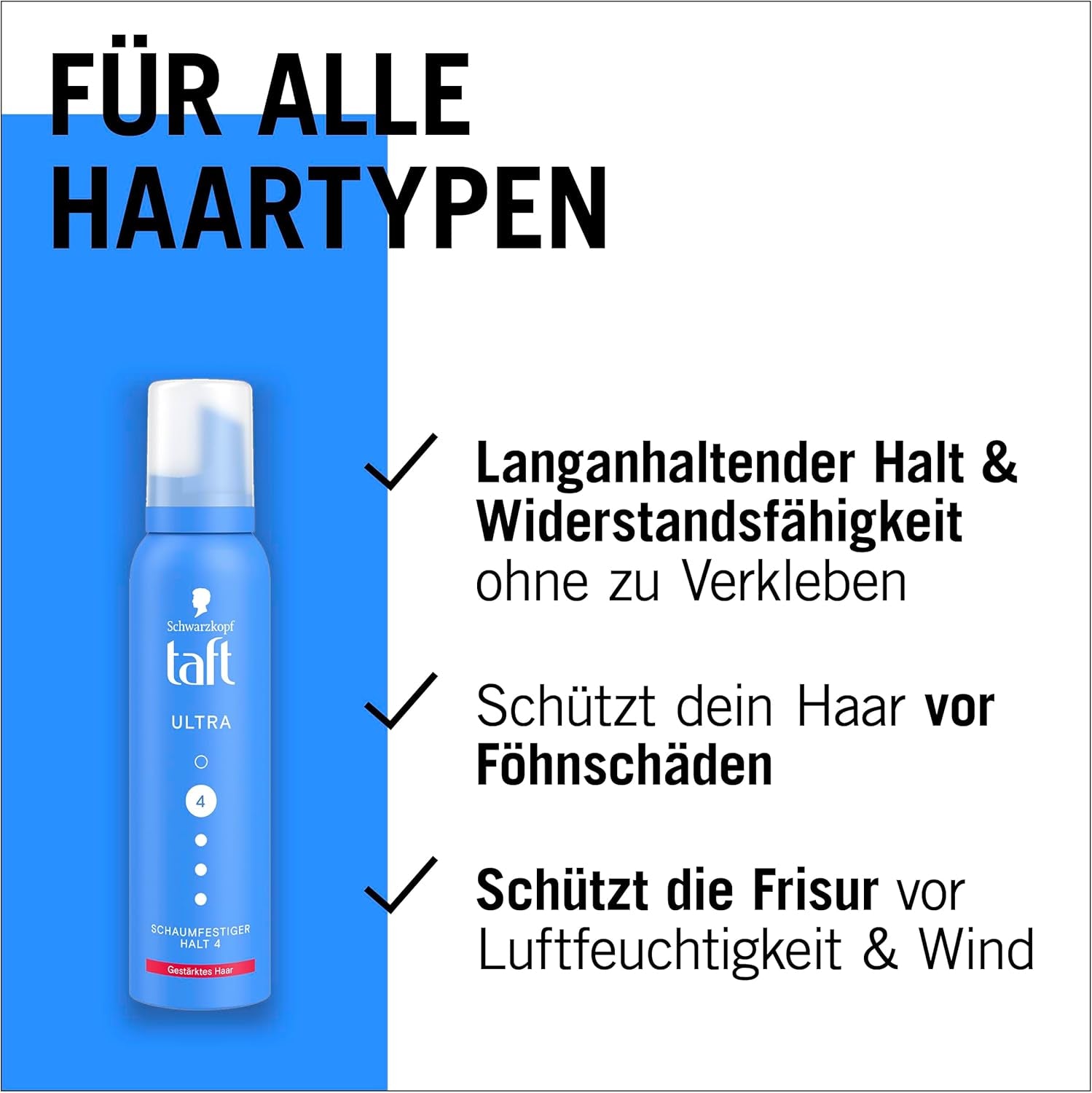 Schwarzkopf Taft Mousse Coiffante Ultra (150 Ml), Tenue Niveau 4, Pour Tous Les Types De Cheveux, Renforce Les Cheveux, Formule Végétalienne*