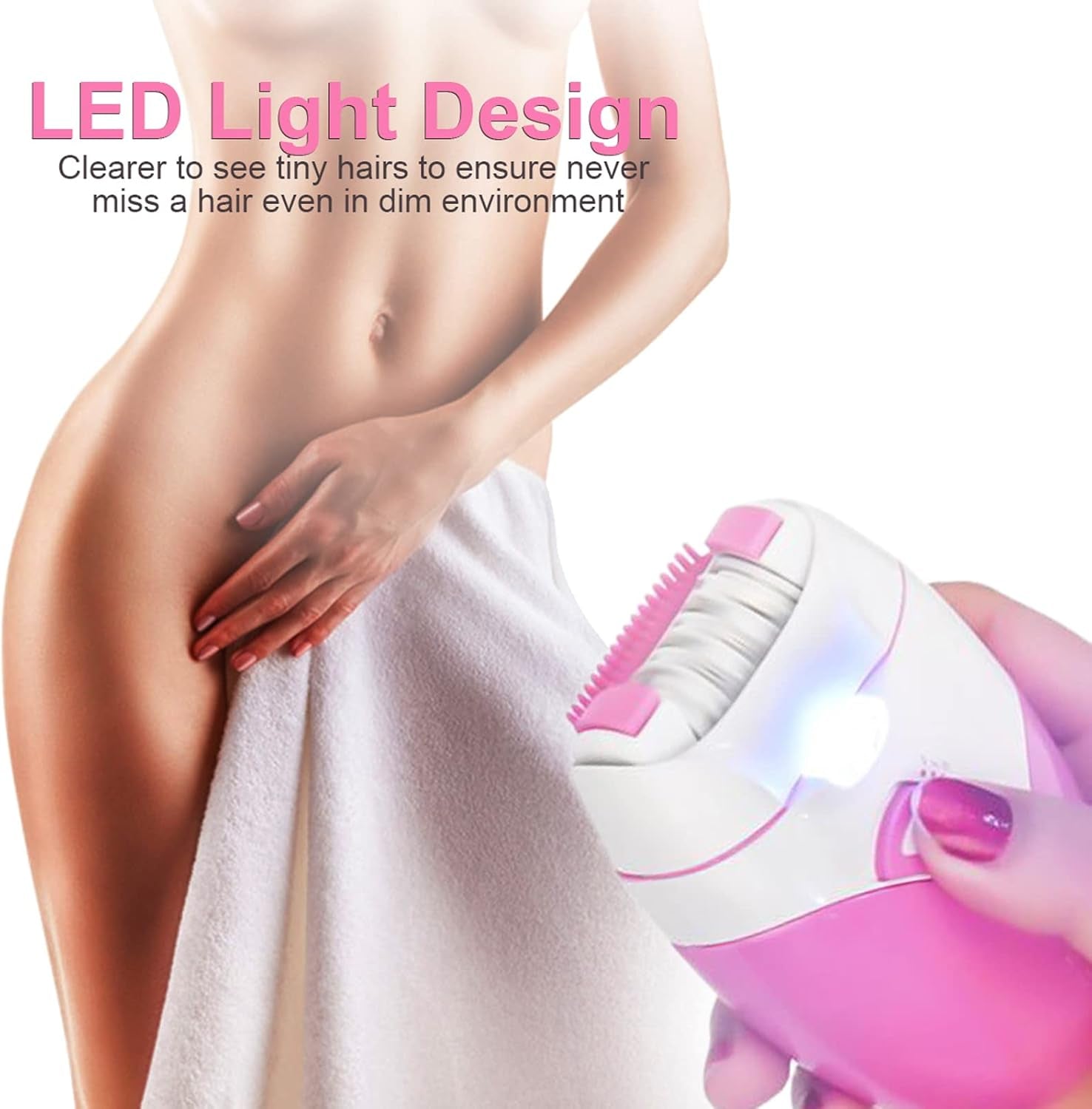 Epilateur Electrique Femme Sans Fil Visage Maillot Intime Corps Avec Lumière LED USB Rechargeable Rose