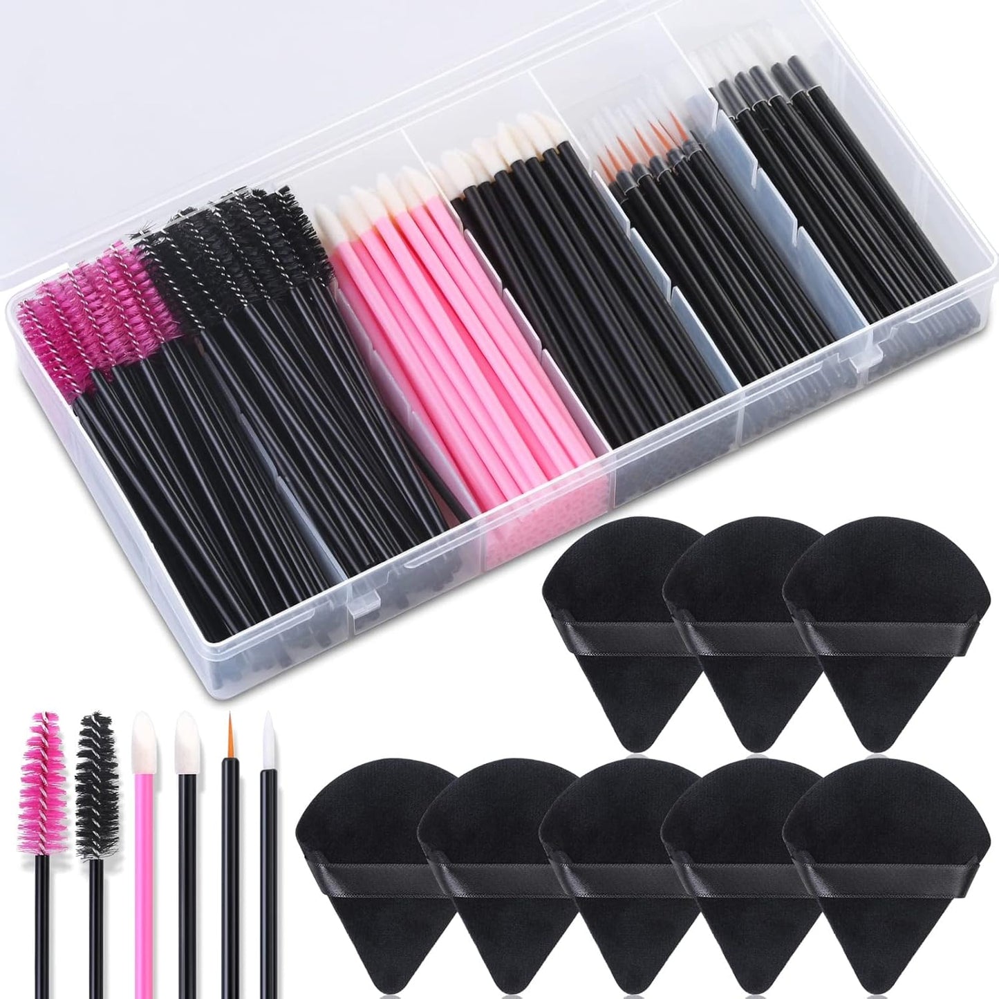 248 Pcs Disposable Makeup Applicators with Triangle Makeup Puffs, Mascara Wands, Disposable Lip Applicators, Eyelash Liner Brushes Disposable Makeup Applicator Kit for Makeup Artist Supplies