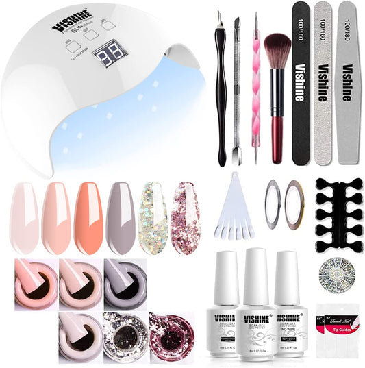 Vishine 40W UV LED Lampe Vernis Semi Permanent Kit - Lot 6 Vernis À Ongles Gel Soak off & Base Top Coat & Brosse Strass Décor Nail Outils Nail Art Kit Manucure