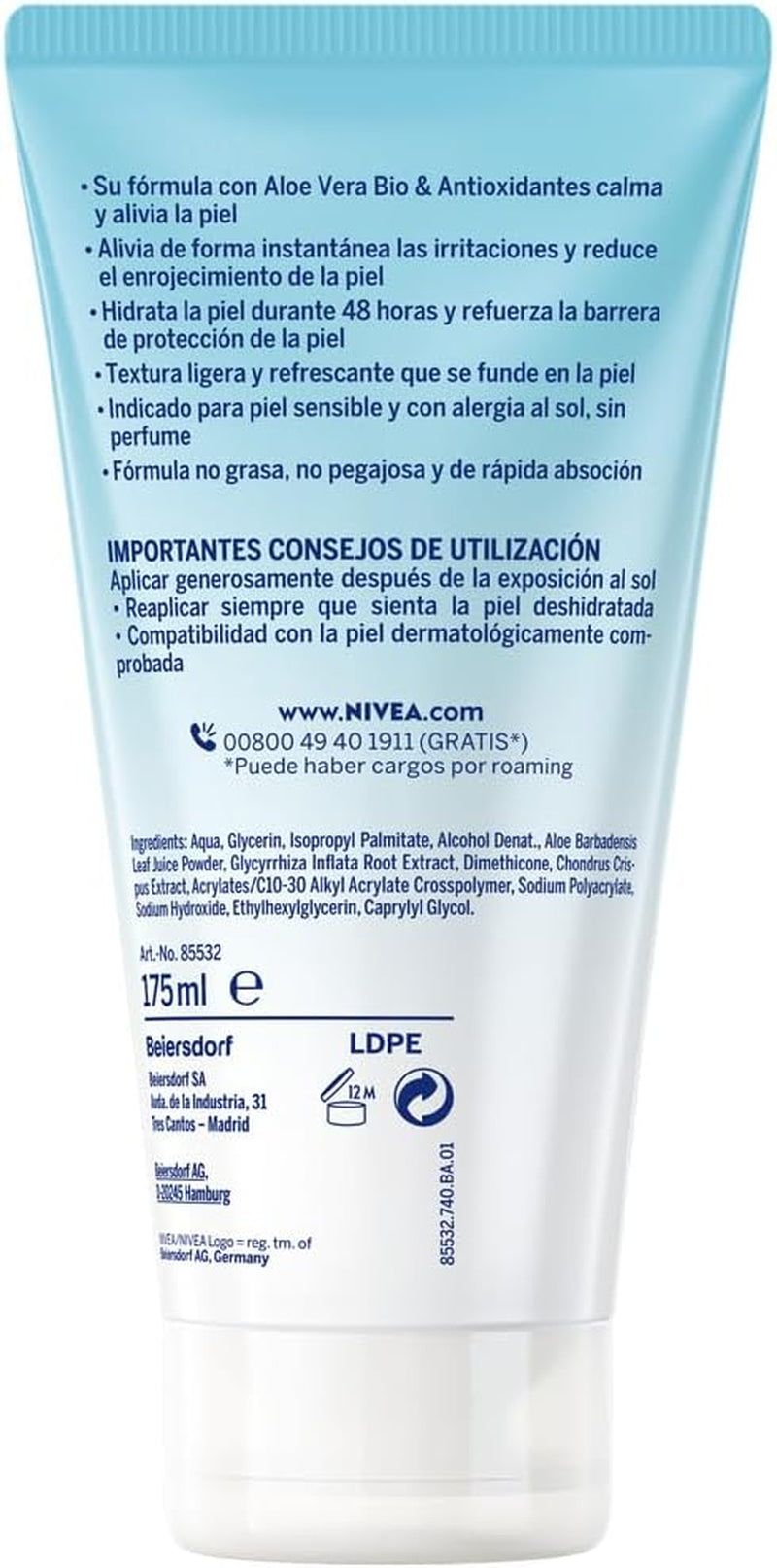 NIVEA SUN after Sun Sensitive Gel-Crema (1 X 175 Ml), Crema Calmante Con Aloe Vera, Crema Hidratante Para Piel Sensible Y Con Alergia Al Sol