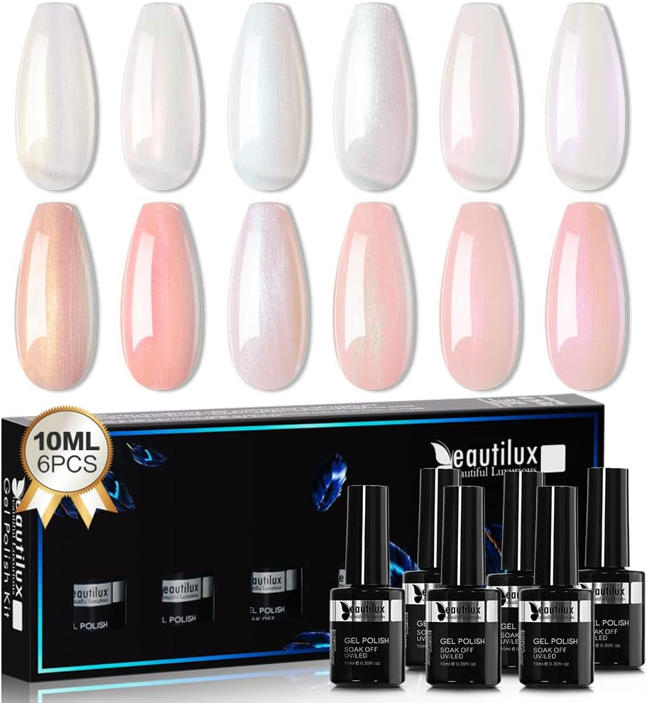 Blanc Nacré Vernis Semi Permanent, Perle Blanc Gel Vernis À Ongles, Vernis Blanc Laiteux UV Gel Polish 6X10Ml Manucure Nail Art Pose Americaine