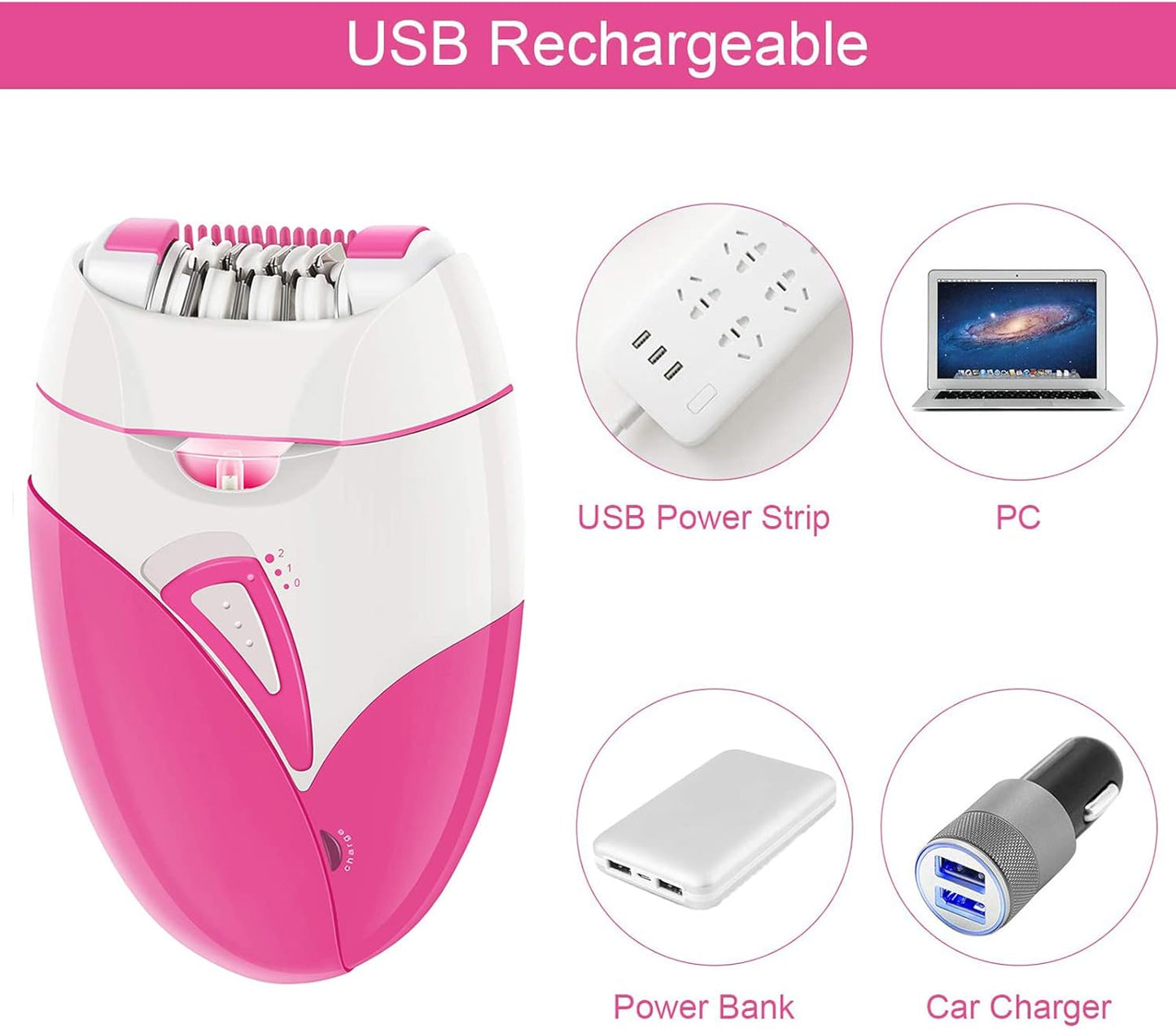 Epilateur Electrique Femme Sans Fil Visage Maillot Intime Corps Avec Lumière LED USB Rechargeable Rose