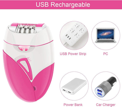 Epilateur Electrique Femme Sans Fil Visage Maillot Intime Corps Avec Lumière LED USB Rechargeable Rose