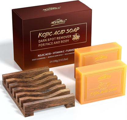 Savon À L'Acide Kojique Pour Le Visage Et Le Corps Savon Hydratant Au Curcuma Pour L'Acné Taches Noires Points Noirs 2 Savons De 100G, 1 Pochette À Savon En Maille Et 1 Porte-Savon En Bois