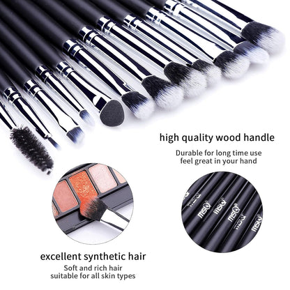 Eye Makeup Brushes 12Pcs Eyeshadow Makeup Brushes Set with Soft Synthetic Hairs & Real Longer Wood Handle for Eyeshadow, Eyelash,Eyebrow, Eyeliner, Blending, Conclear(Black)