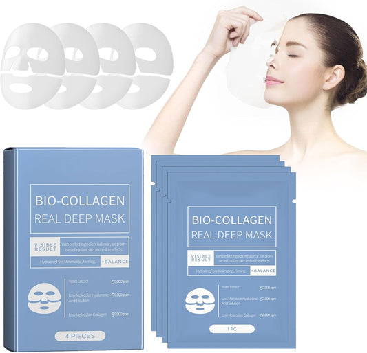 Pemarlis 4 Pièce Bio-Collagen Real Deep Mask, Collagène Mask Overnight, Soin Du Visage Collagène Film Hydratant Anti-Âge Masque Visage, Korean Bio-Collagen Real Deep Mask